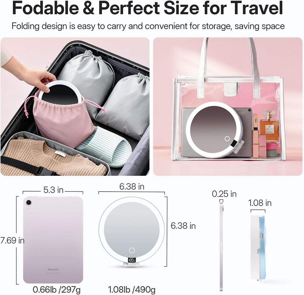 LitBear Travel Mirror with Lights, Foldable 10X/1X Magnifying Mirror, Rechargeable & Portable Lighted Makeup Mirror for Beauty, 3 Color Lighting, Dimmable Touch Screen, Smart Display (Sky Blue)