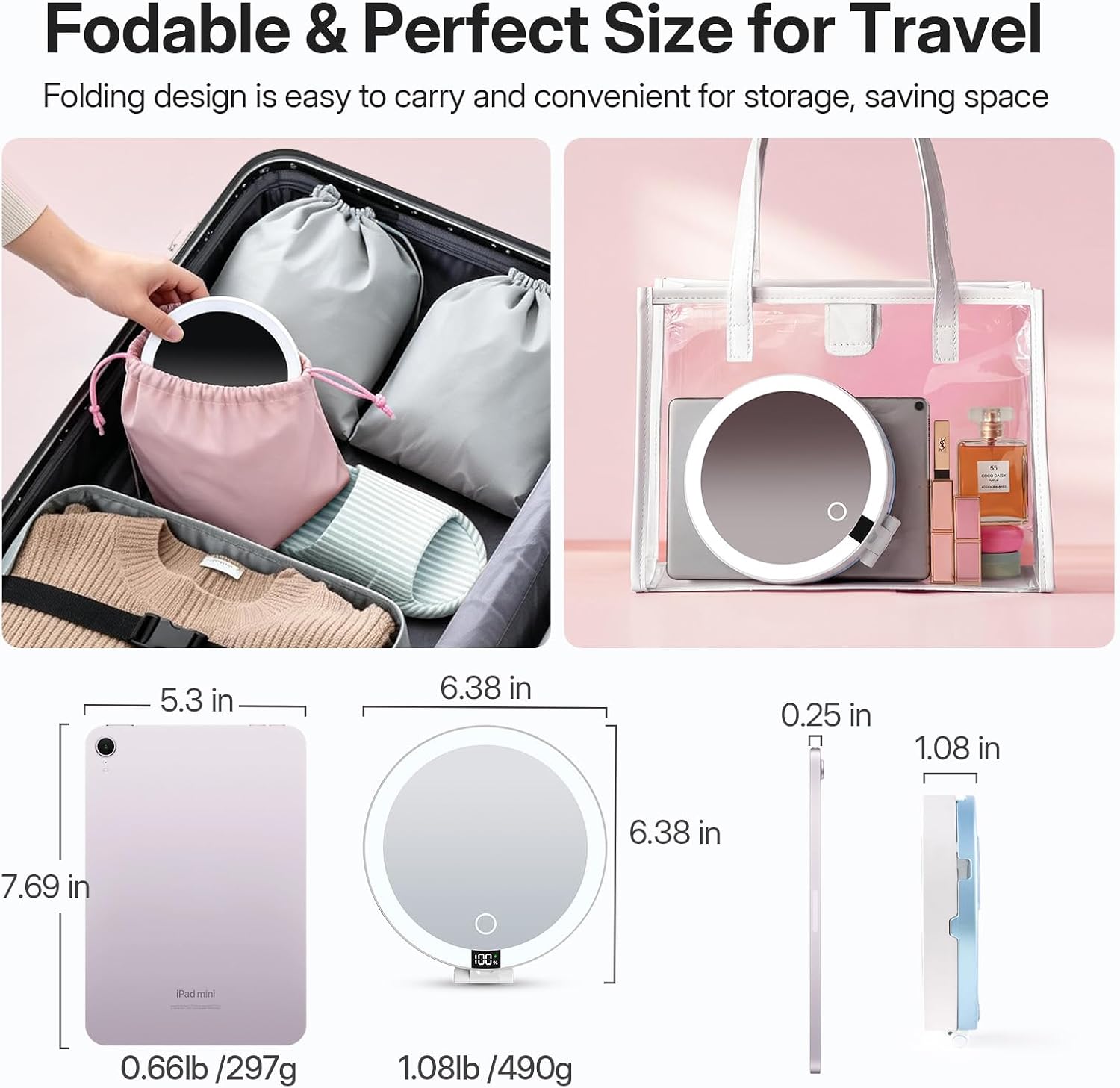 LitBear Travel Mirror with Lights, Foldable 10X/1X Magnifying Mirror, Rechargeable & Portable Lighted Makeup Mirror for Beauty, 3 Color Lighting, Dimmable Touch Screen, Smart Display (Sky Blue)