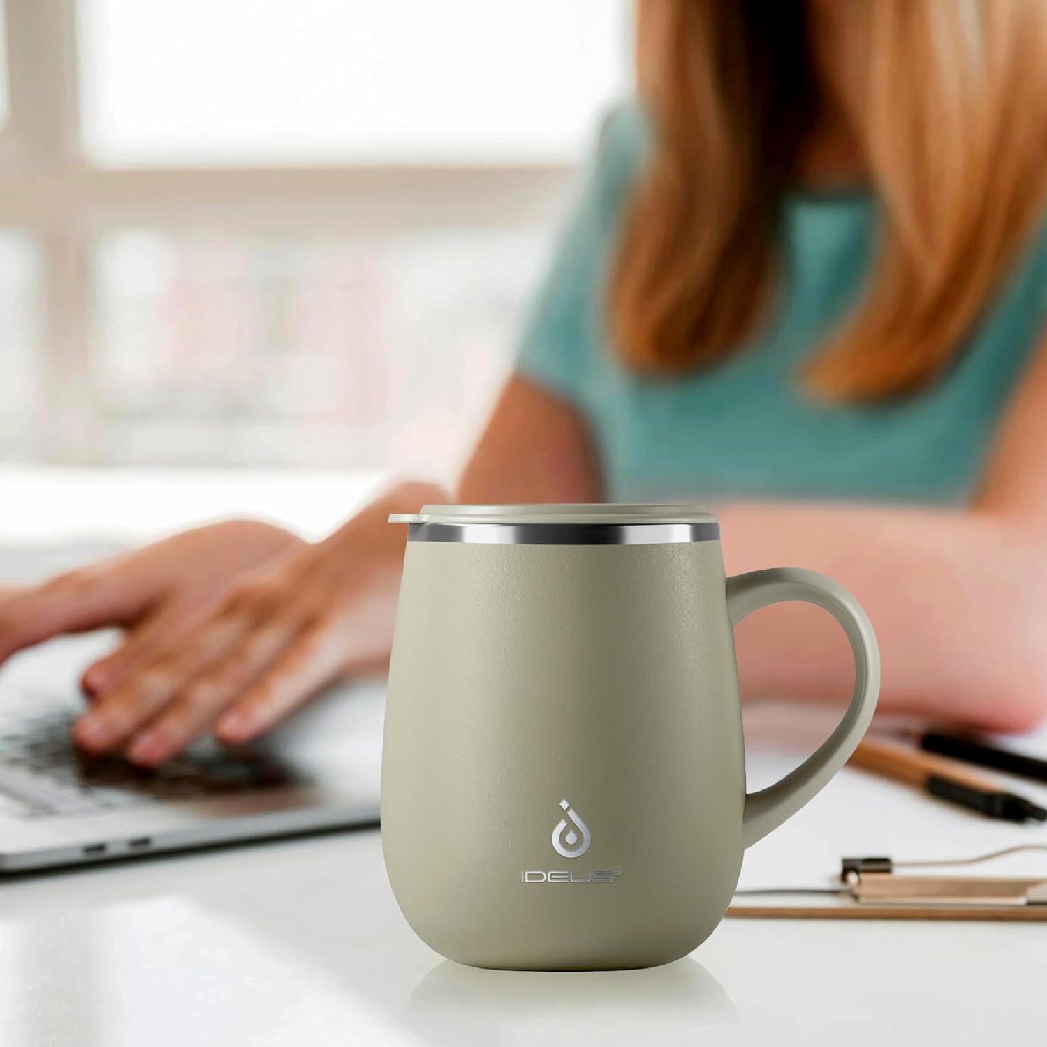 Ideus 16 oz Insulated Coffee Mug with Lid and Handle (Celadon, FUJI DAWN)