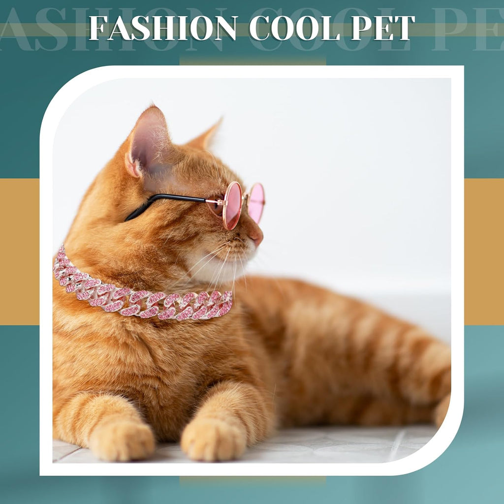 Xuniea 2 Pieces Cat Dog Chain Collar and Sunglasses Set Rhinestone Necklace with Secure Buckle Round Glasses for Doll Cat Dog Pet Accessories(10 Inch,Rose Gold, Pink)