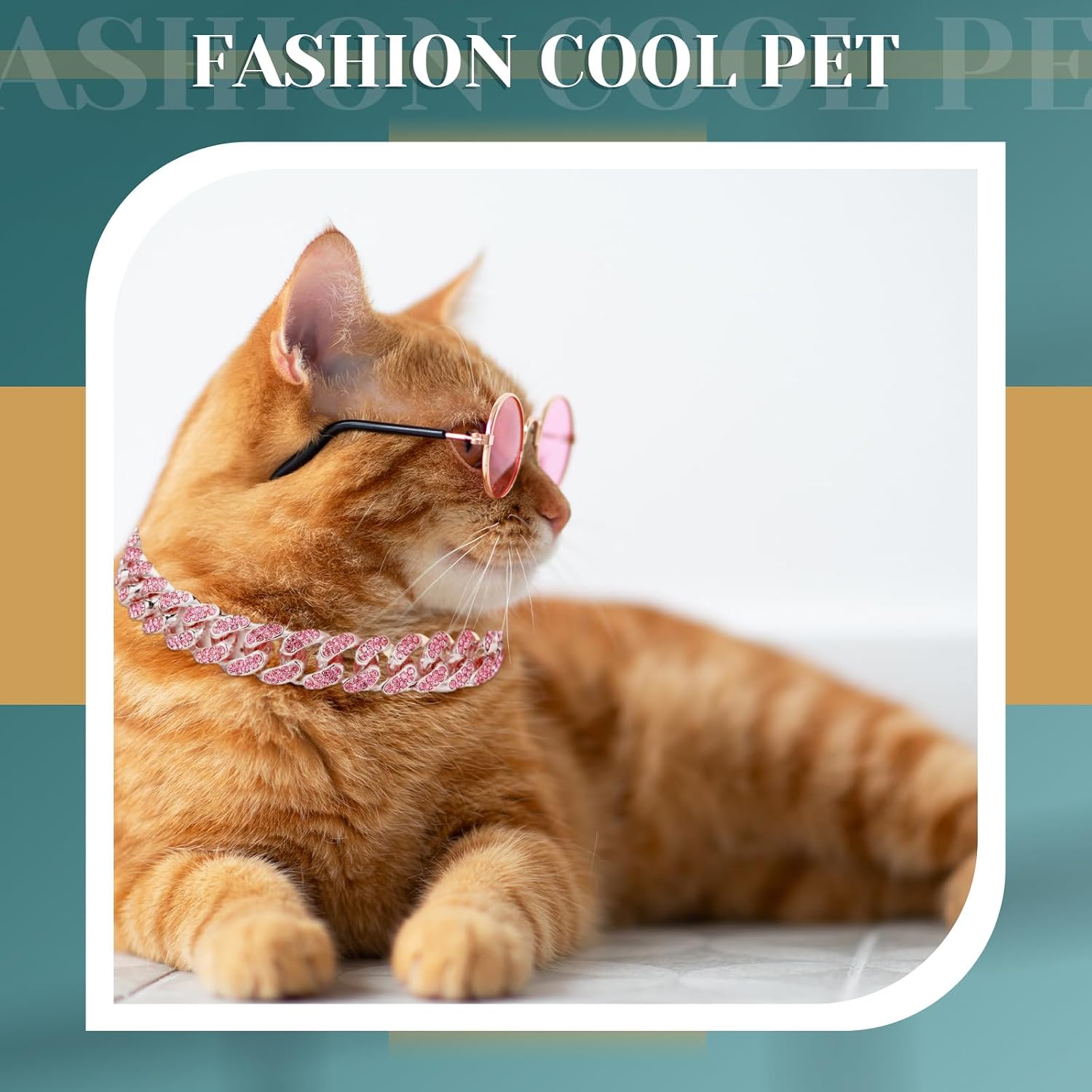 Xuniea 2 Pieces Cat Dog Chain Collar and Sunglasses Set Rhinestone Necklace with Secure Buckle Round Glasses for Doll Cat Dog Pet Accessories(10 Inch,Rose Gold, Pink)