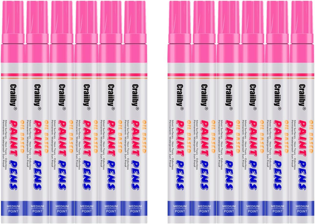 Pink Paint Markers, 12 Pack Oil-Based Waterproof Quick Dry Permanent Paint Pen Set for Rocks Painting, Wood, Fabric, Plastic, Canvas, Glass, Mugs, Metal, Tire, Stone, DIY Craft