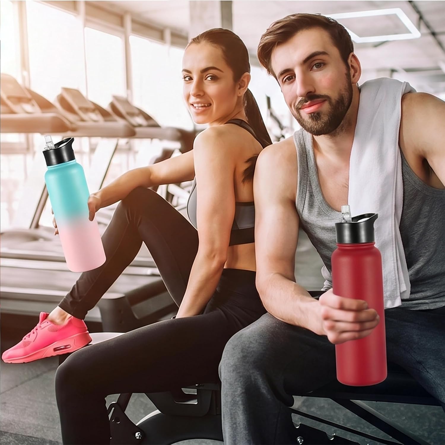 VEGOND 40 oz Insulated Water Bottle Stainless Steel Metal Water Bottles with Leak Proof Straw Lid & Spout Lid, Wide Mouth Double Walled Vacuum Travel Sports Bottle, Red