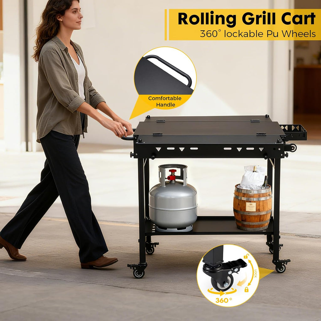 Outdoor Grill Cart Table Griddle Stand, Folding Grill Table with Wheels