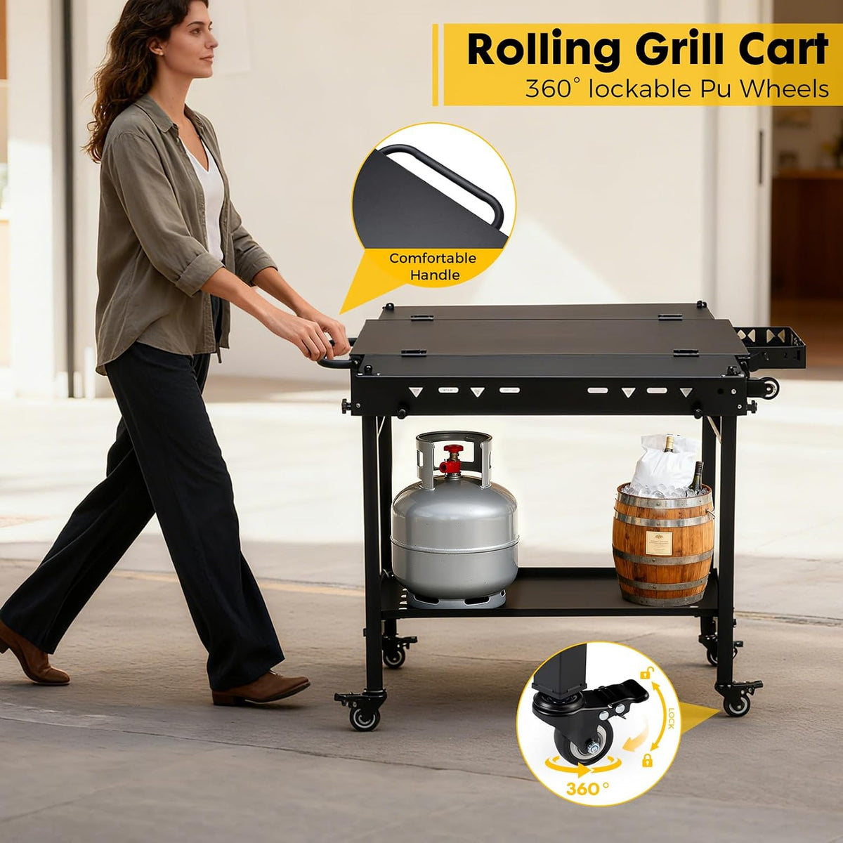 Outdoor Grill Cart Table Griddle Stand, Folding Grill Table with Wheels