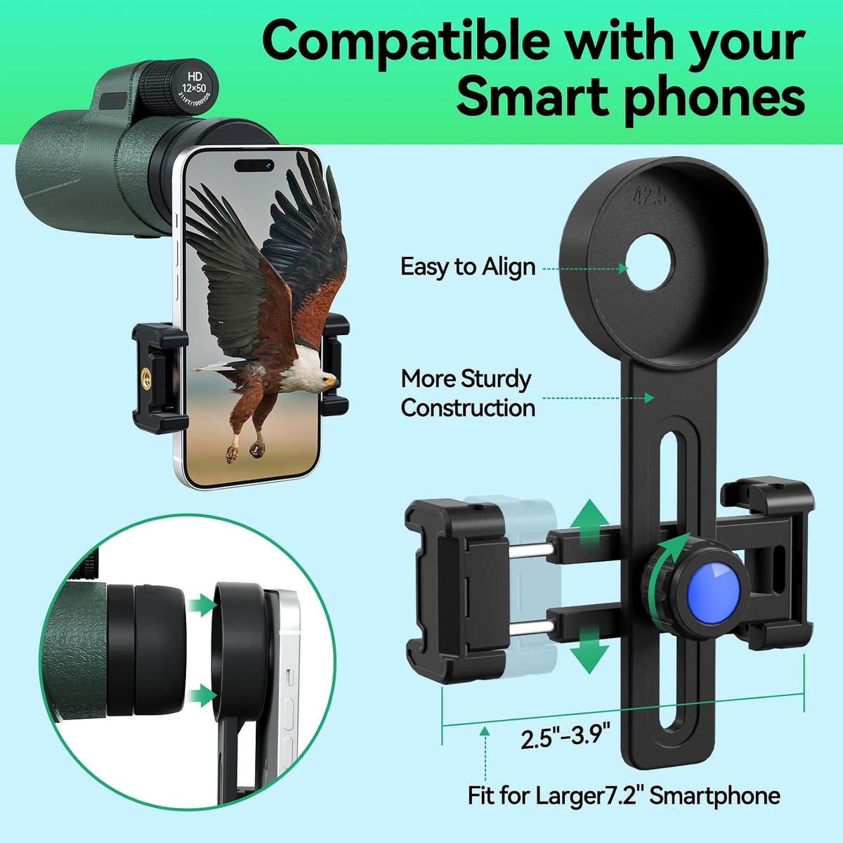 12x50 HD Monocular for Adults High Powered with BAK4 Prism & FMC Lens,Lightweight with Smartphone Adapter, High Powered Monocular with Clear Low Light Vision for Star Watching, Bird Watching, Hiking