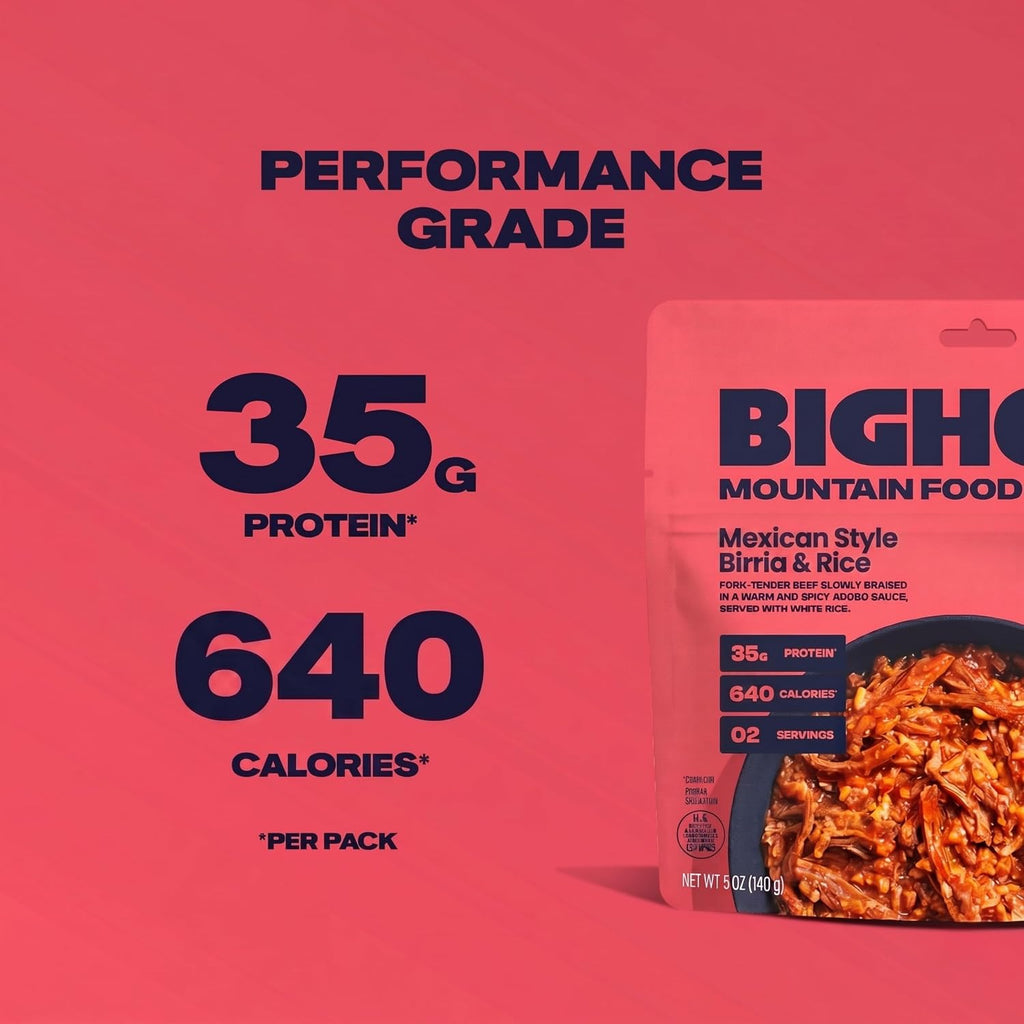 BIGHORN Mountain Food Mexican Style Birria and Rice - contains 4 packs | 8 servings | 140g Protein | 2,560 Calories - premium freeze dried meals for backpacking food - dehydrated camping food for backpacking meal - just add water - great taste