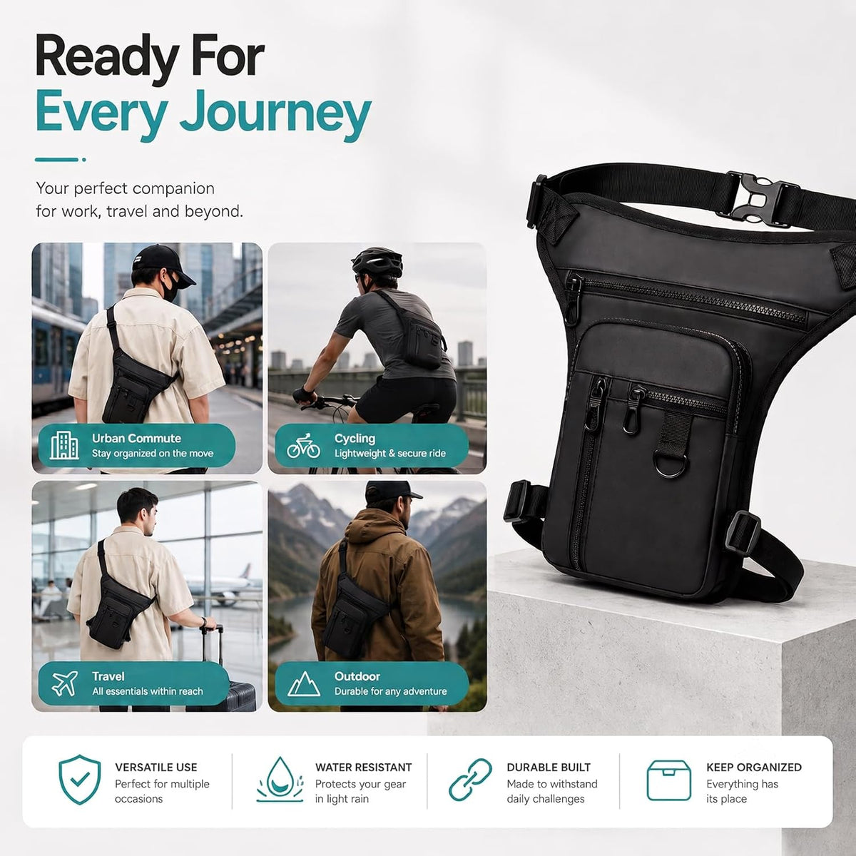 Fanny Pack for Men Women, Anti-Slip Sling Bag with Leg Strap for Running Hiking Travel (Black)