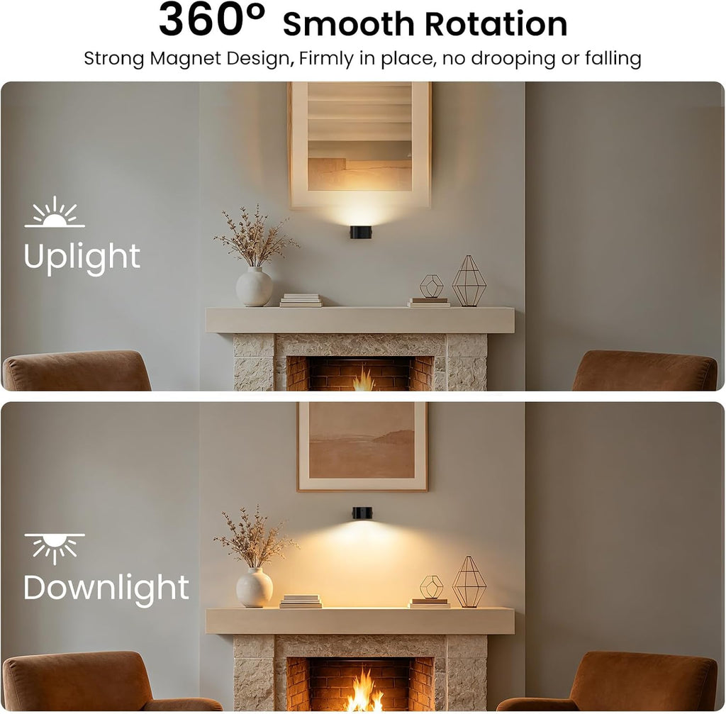 Koopala 2PCS Rechargeable Battery Operated LED Wall Lamps, Wall Mounted Lights with 3 Brightness 3 Color Temp Removable Charging 360°Rotate Magnetic, Cordless Wall Sconces for Reading Bedside-Black