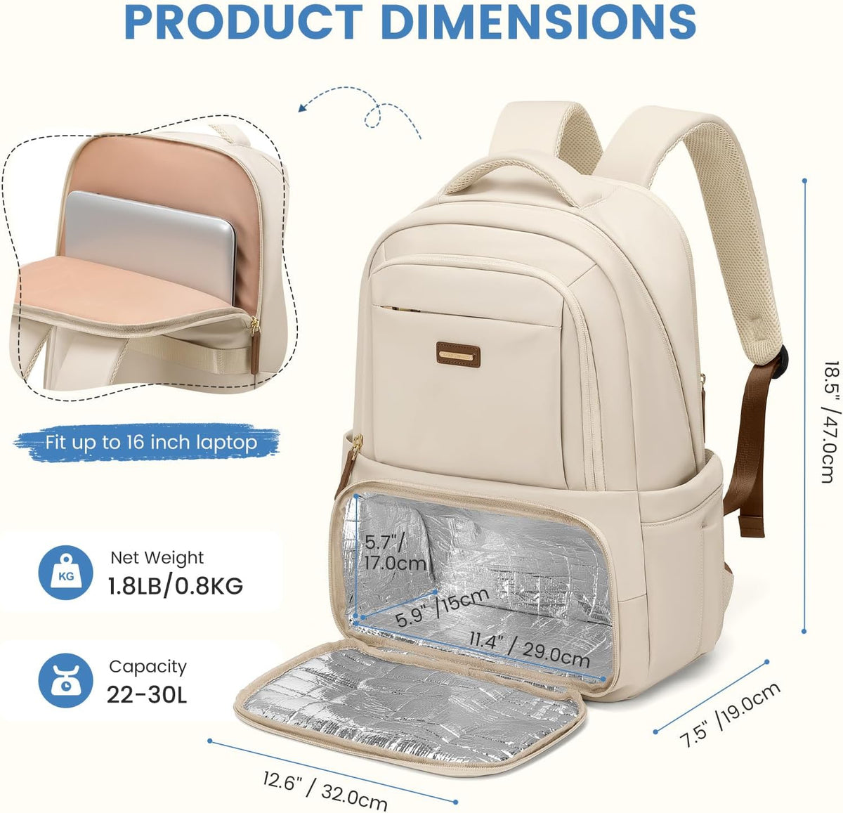 GOLF SUPAGS Lunch Backpack 16 Inch Laptop Backpack with Insulated Cooler Lunch Box Food Bag for College Work Camping Picnics (Apricot)