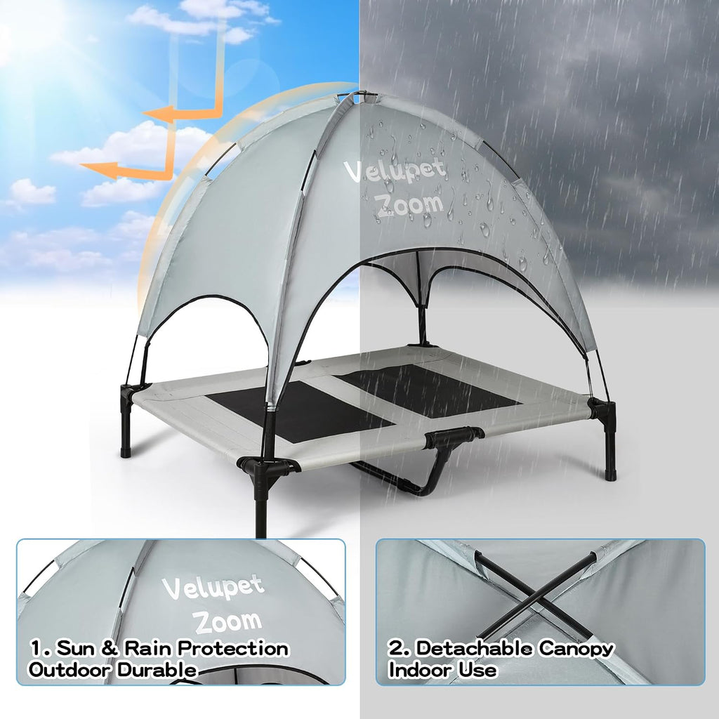4-in-1 Pet Travel & Outdoor Set, Include 36in Gray Elevated Dog Bed with Canopy, Dog Canopy Bed, Pet Back Seat Cover, 50ft Tie Out Cable, Collapsible Double Pet Bowls