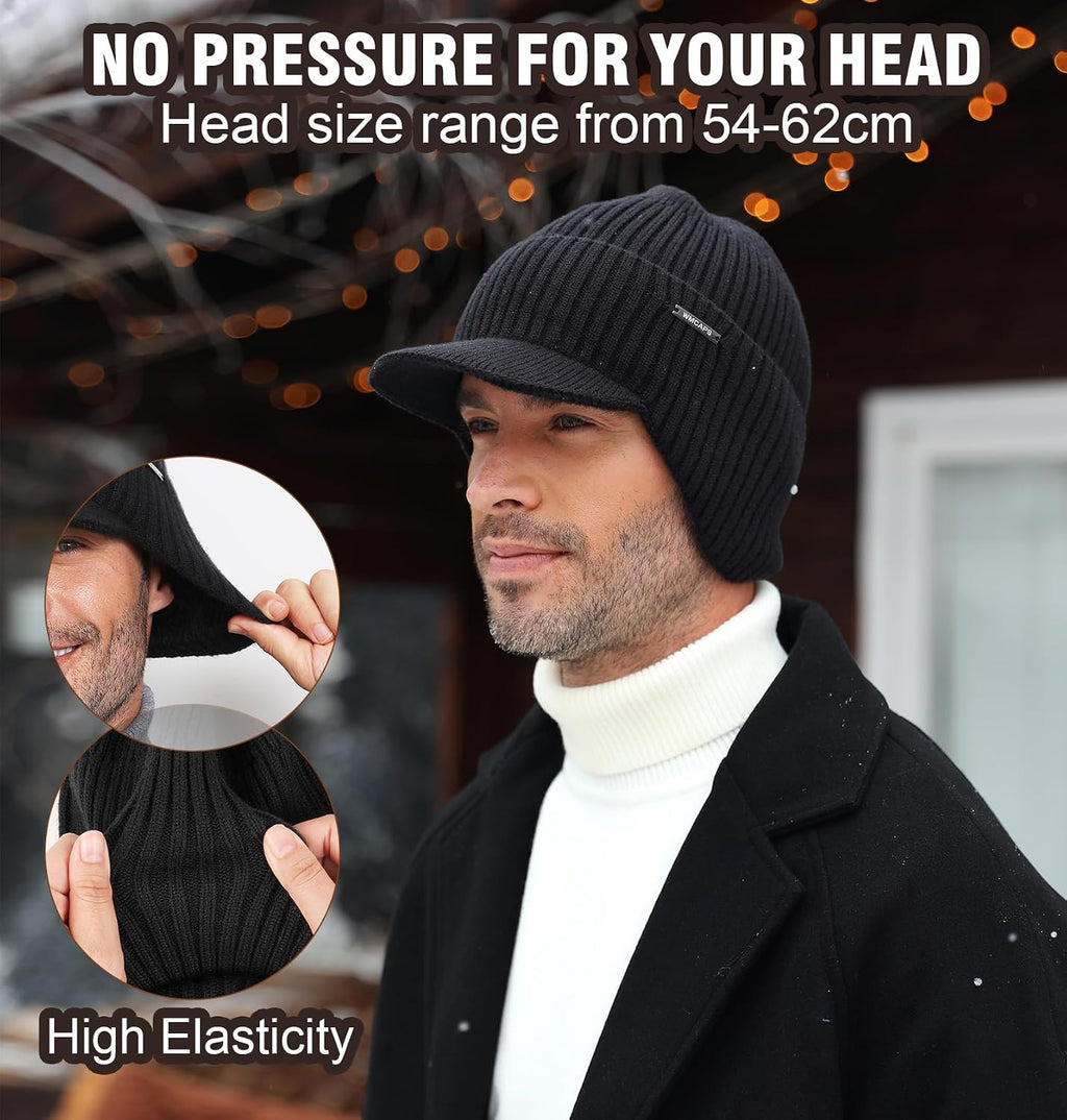 Wmcaps Winter Beanie with Brim & Ear Flaps, Fleece Lined Hat for Men Women