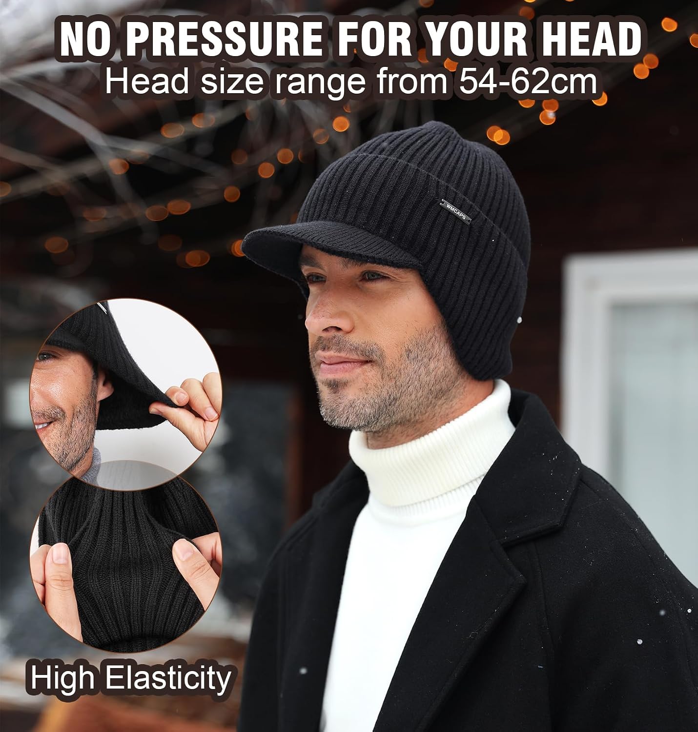 Wmcaps Winter Beanie with Brim & Ear Flaps, Fleece Lined Hat for Men Women