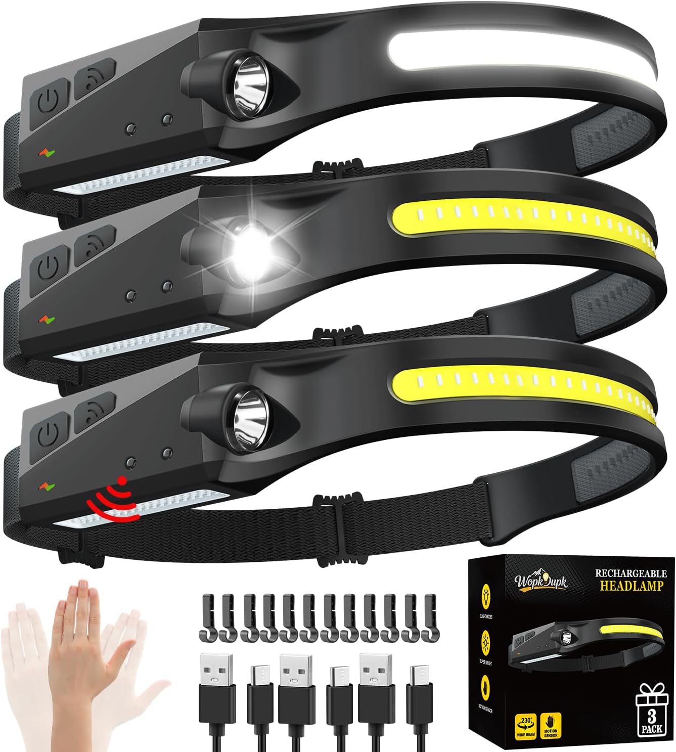Rechargeable Headlamp 3PCS, 230° LED Head Lamp, Head Lights for Forehead | Motion Sensor, Bright Wide Beam, 5Mode Headband Light, Hard Hat Light, Headlight for Adults Mechanic Camping Essentials Gear