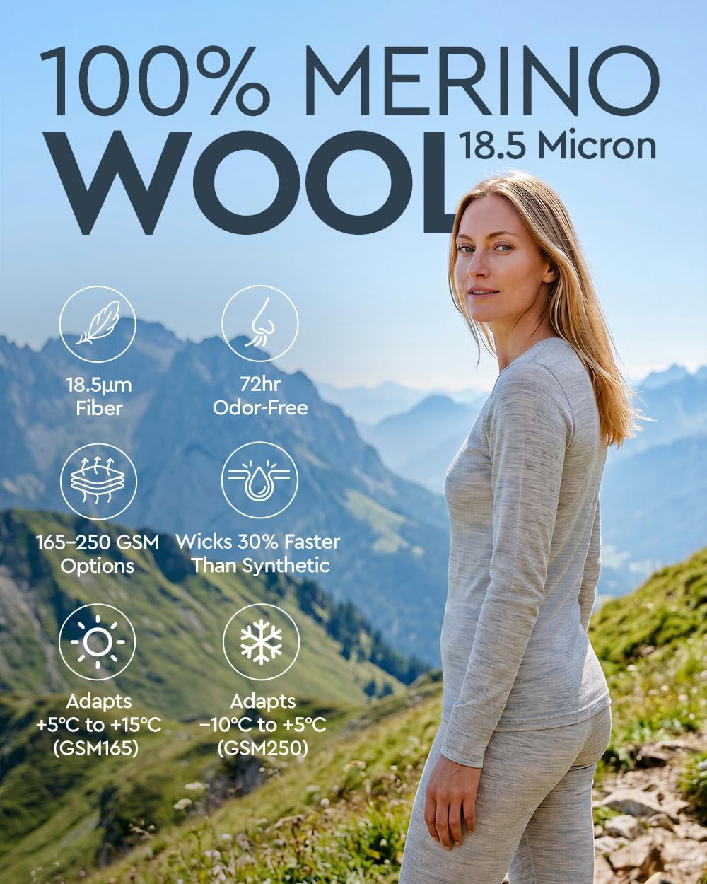 100% Merino Wool Base Layer Set Women - Thermal Underwear Long Johns PJs