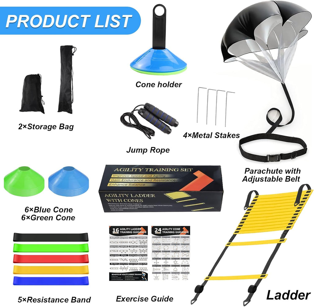 Speed Agility Training Equipment Set, Agility Ladder 20ft, 12 Football Cones, Resistance Parachute/Soccer Kick Trainer, Jump Rope, 5 Resistance Bands, Football Practice Equipment for Kids Adults