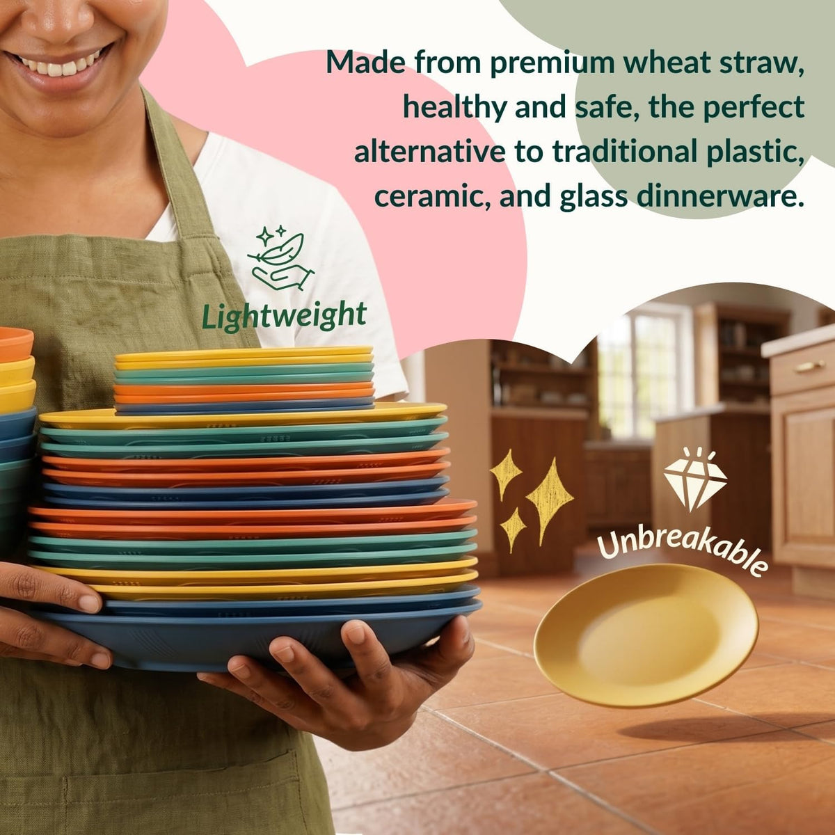 40-Piece Unbreakable Plastic Wheat Straw Dinnerware Set - Multi Color, 8-Person Dish Set for Dinner, Plates, Bowls, Cups & Appetizer Plates - Perfect for Outdoor Camping