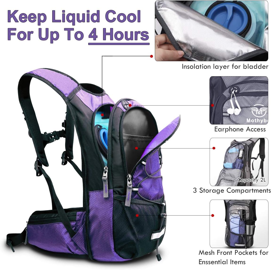 Mothybot Hydration Pack, Insulated Hydration Backpack with 2L BPA Free Water Bladder and Storage, Hiking Backpack for Men, Women, Kids for Running, Cycling, Camping - Keep Liquid Cool up to 5 Hours