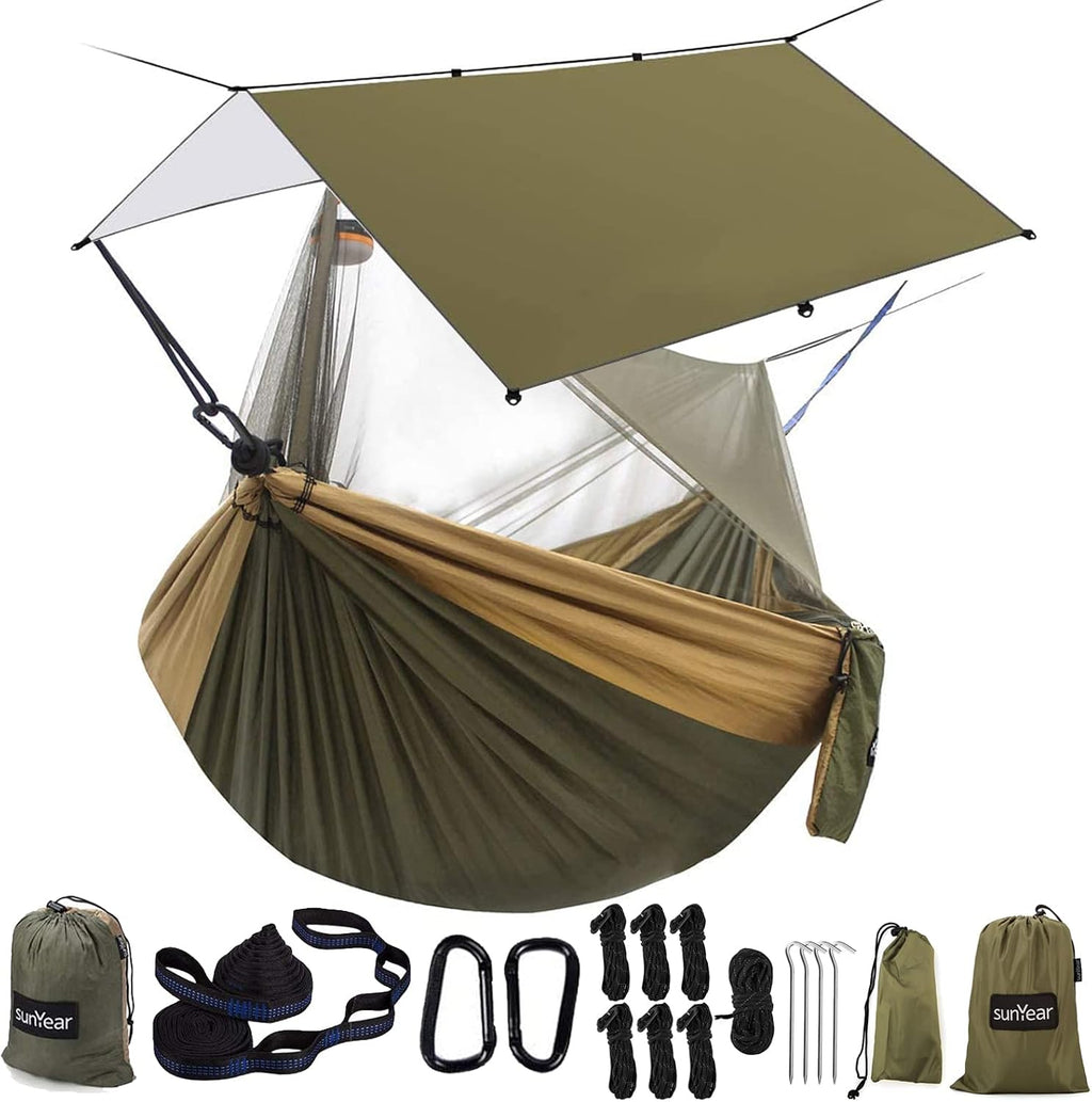 Sunyear Hammock Camping with Rain Fly Tarp and Net, Portable Camping Hammock Double Tree Hammock Outdoor Indoor Backpacking Travel & Survival, 2 Tree Straps,100% Waterproof Green Bundle