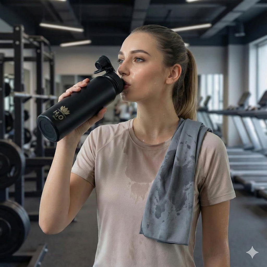 Premium 1 Liter Water Bottle (33.8 oz) with Carrying Case & Strap - Double Wall Vacuum Insulated Stainless Steel Water Bottle - Leakproof Lid, Wide Mouth, BPA-Free, Removable Strainer – Black