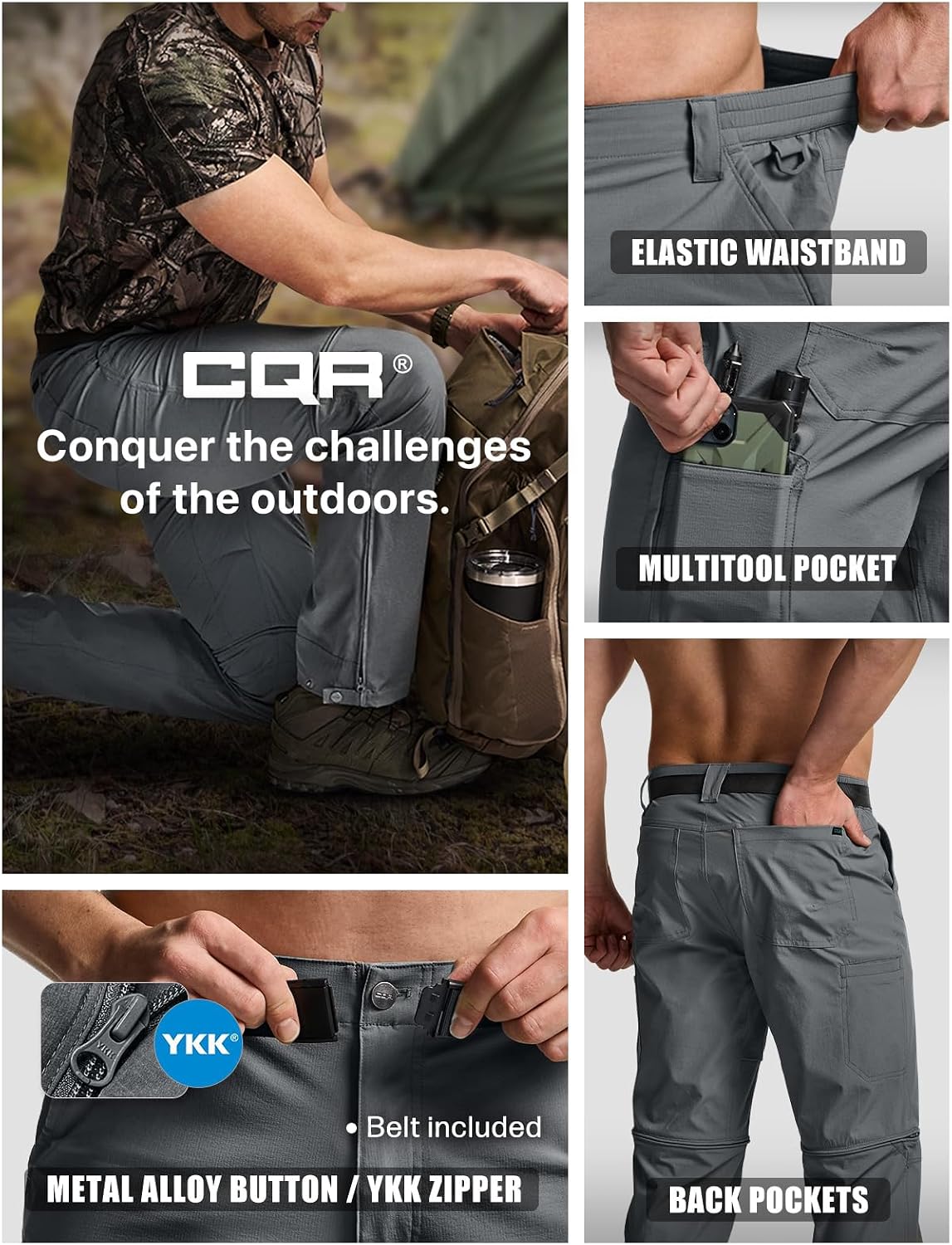CQR Men's Convertible Cargo Tactical Pants, Water Resistant Outdoor Hiking Pants, Zip Off Lightweight Stretch Work Pants