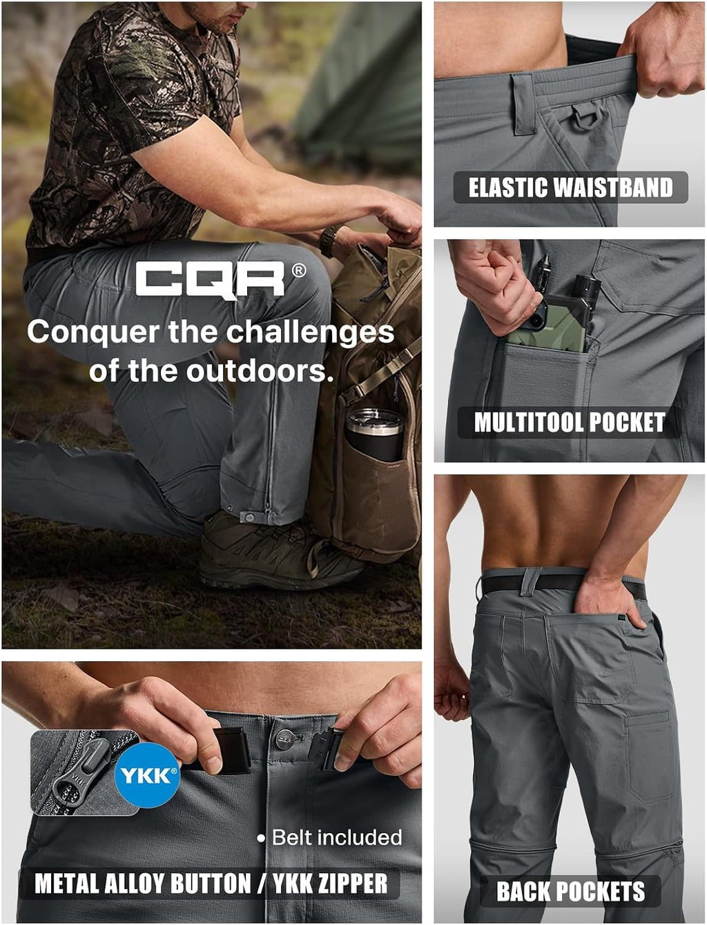 CQR Men's Convertible Cargo Tactical Pants, Water Resistant Outdoor Hiking Pants, Zip Off Lightweight Stretch Work Pants