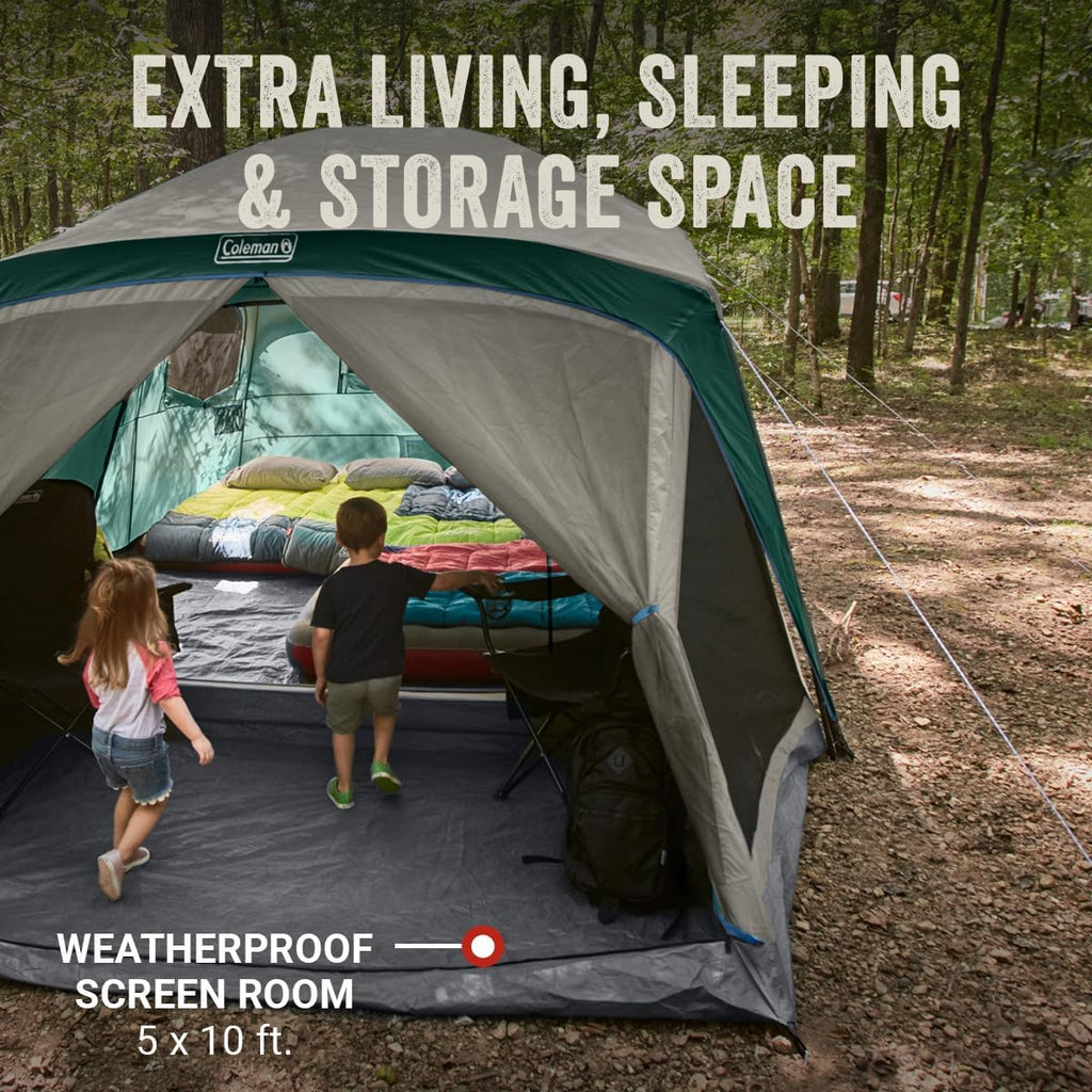 Coleman Skylodge Camping Tent with Rainfly & Screened Porch, XL Weatherproof Family Tent Fits 4 Queen-Sized Airbeds, Color-Coded Poles & Sleeves, Made of PFAS-Free Materials