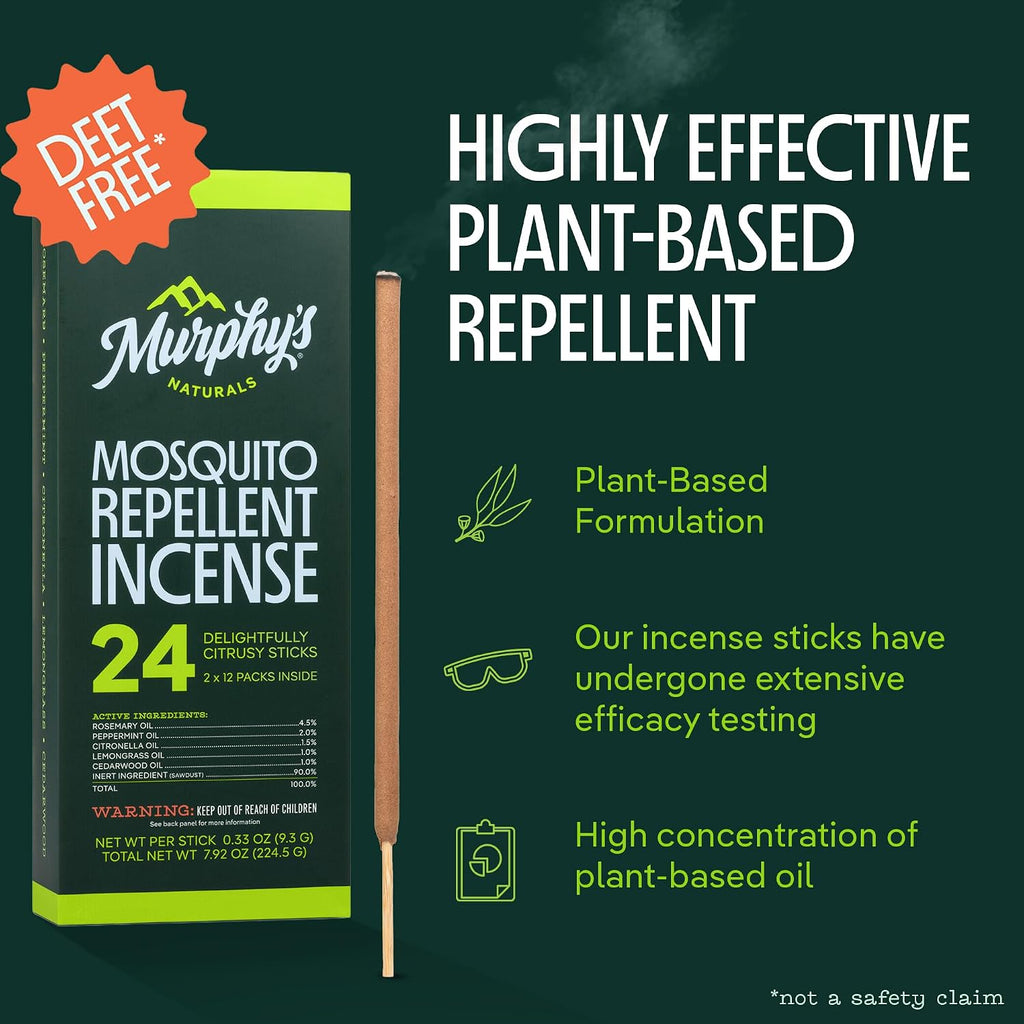 Murphy's Naturals Citronella Mosquito Repellent Incense Sticks, 24 Count | Bamboo-core sticks infused with citronella, rosemary, lemongrass, peppermint & cedarwood oils; 2+ hr burn for outdoor use