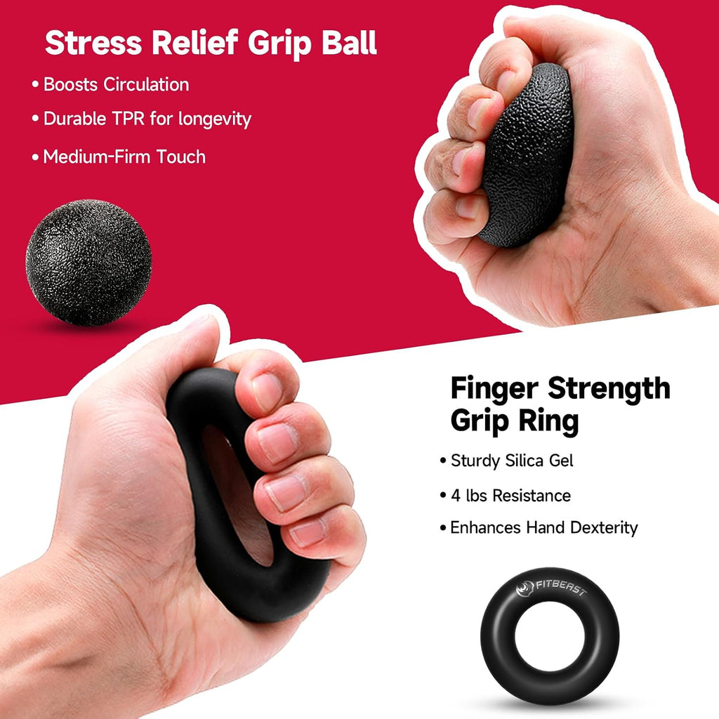 FitBeast Hand Grip Strengthener Workout Kit (5 Pack), 2 Forearm Grip Adjustable Resistance Hand Gripper, Finger Stretcher, Grip Ring & Stress Relief Grip Ball for Athletes