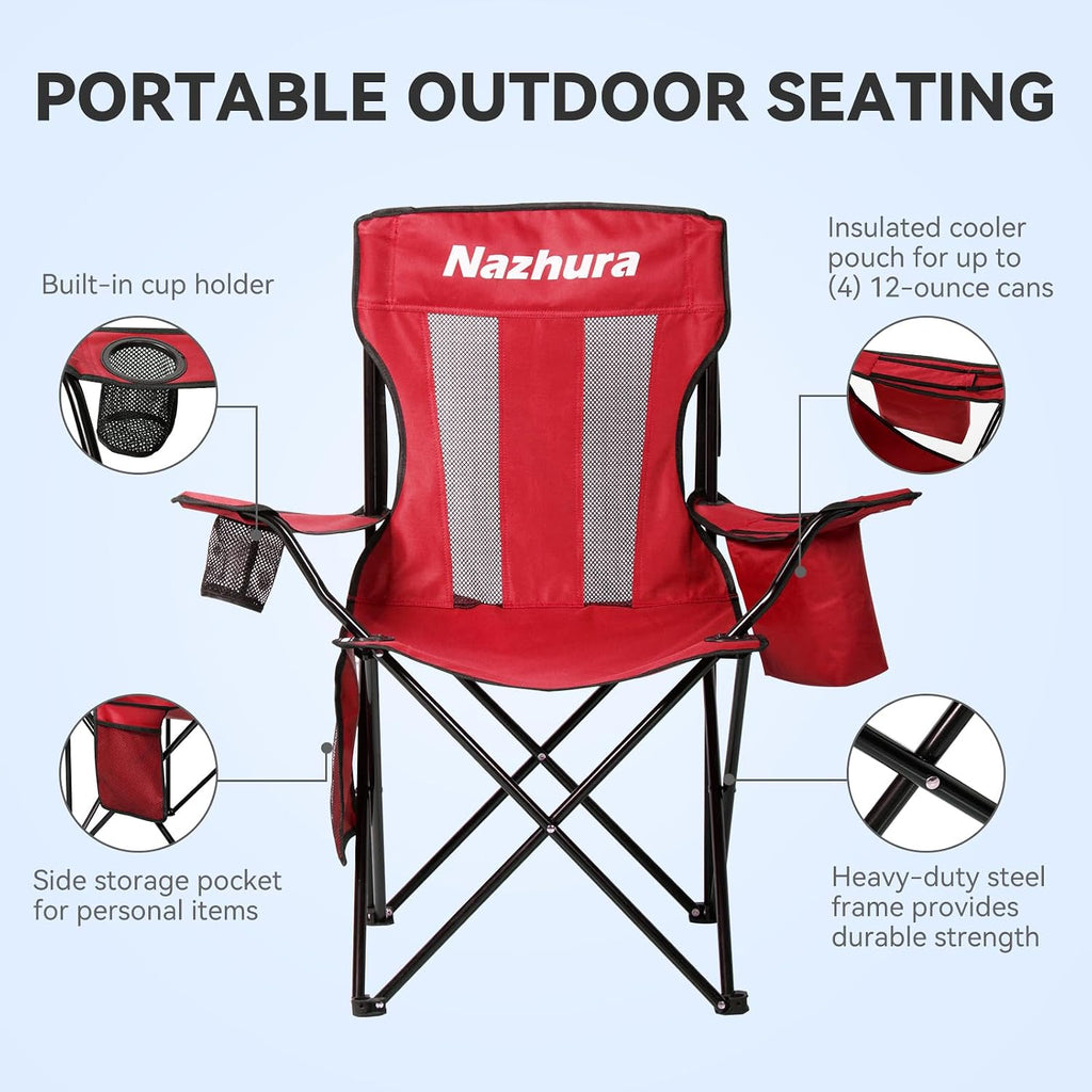 Nazhura 2 Pack Outdoor Camping Chairs Folding/Foldable/Portable with Cooler Pouch, Mesh Backrest and Cup Holder Pocket(Red, 2 Pack)