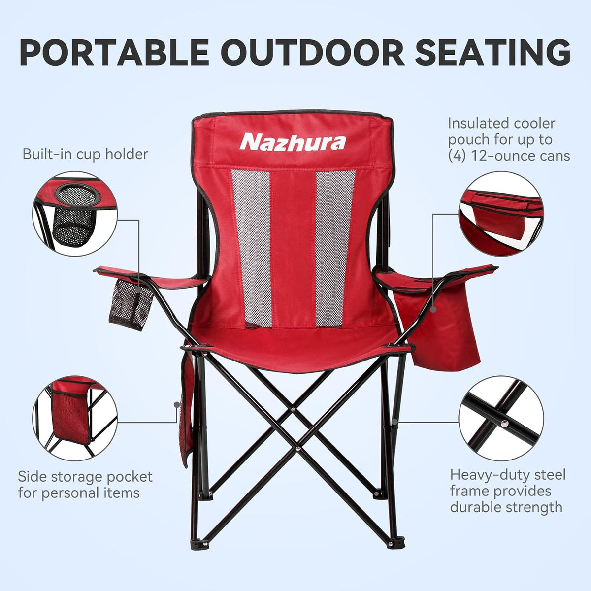 Nazhura 2 Pack Outdoor Camping Chairs Folding/Foldable/Portable with Cooler Pouch, Mesh Backrest and Cup Holder Pocket(Red, 2 Pack)