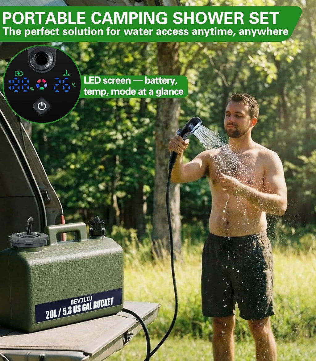 Beviliu Portable Camping Shower – 3 Gallon & 5 Gallon Food-Grade Jug, Rechargeable Pump, IPX8 Waterproof, Lightweight & Extra-Large Portable Shower for Camping, Beach, RV, Pet