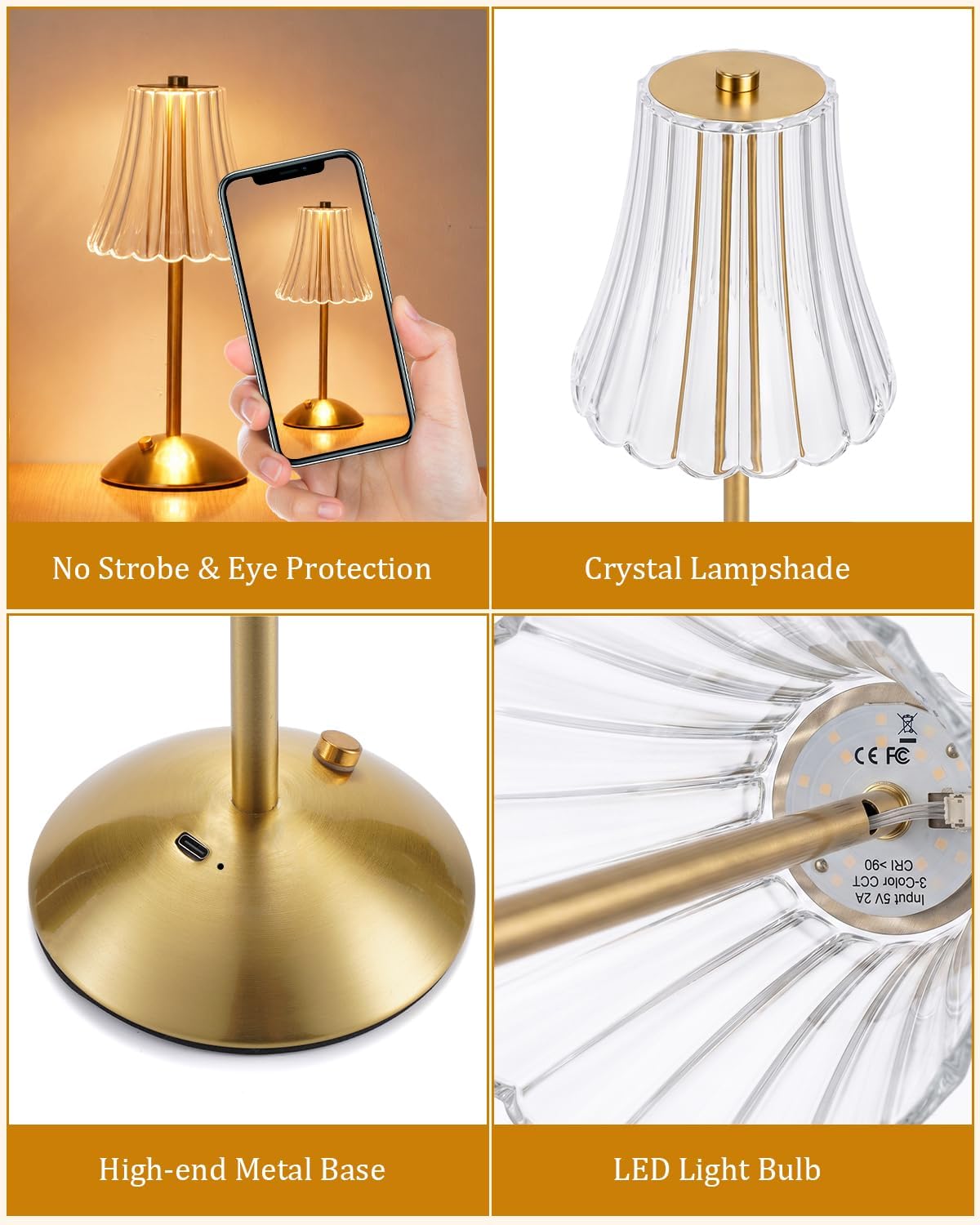 Nusogon Rechargeable Cordless Table Lamp, Gold Touch Crystal Desk Lamp