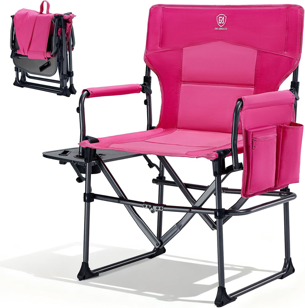 EVER ADVANCED Camping Directors' Chair with Side Table, Portable Folding with Compact Size, Heavy Duty Lawn Chair with Pocket for Camping, Lawn, Sports and Fishing, 400lbs, Pink