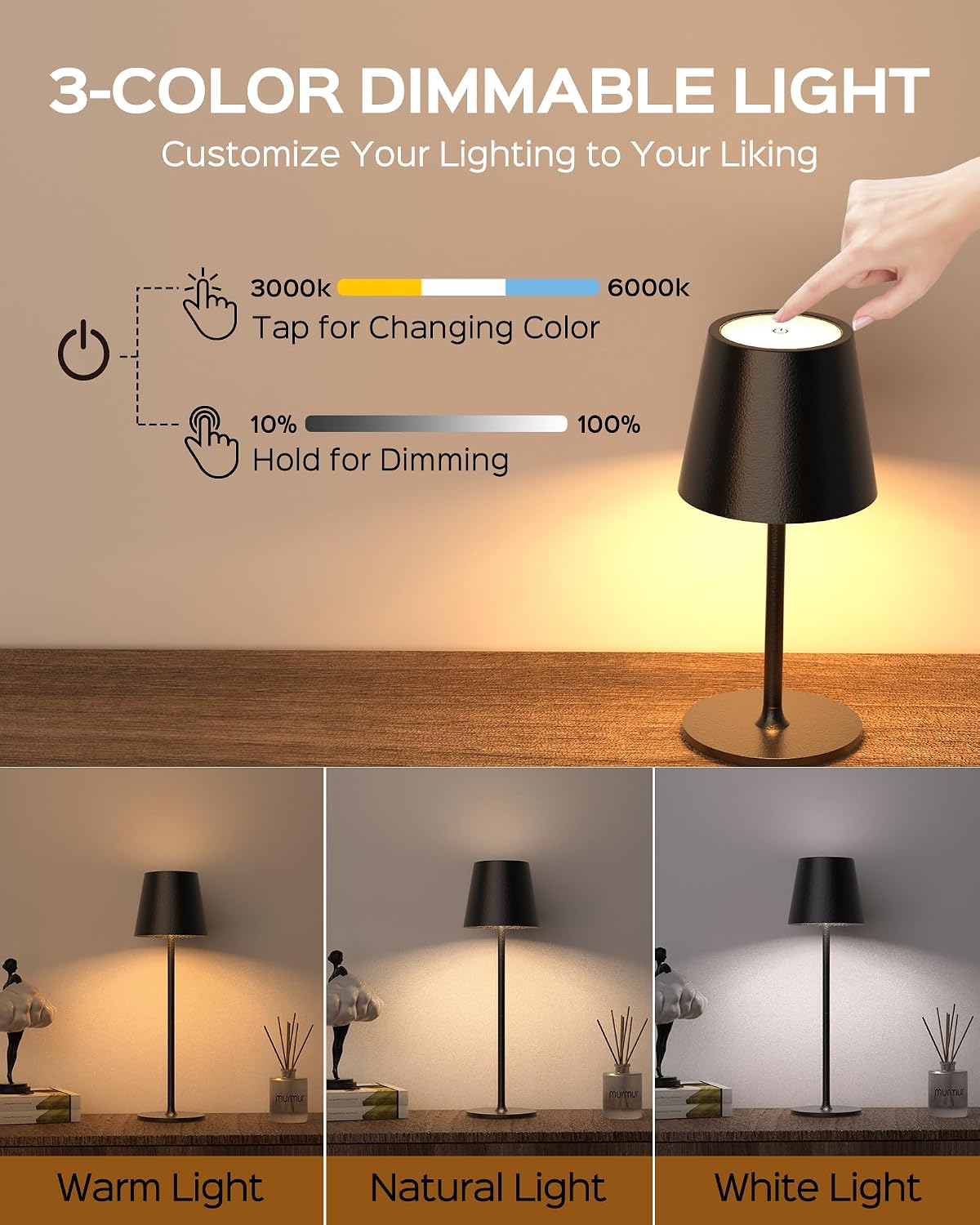 JACKYLED Cordless Table Lamps Rechargeable, 3 Height, 5000 Capacity