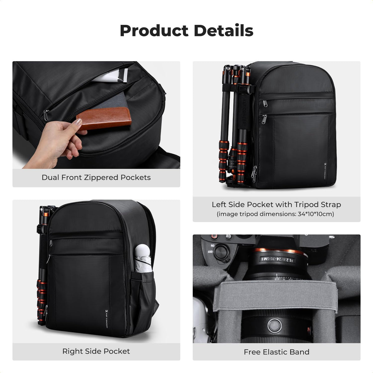 K&F CONCEPT Camera Backpack, Lightweight Camera Bag with Tripod Holder