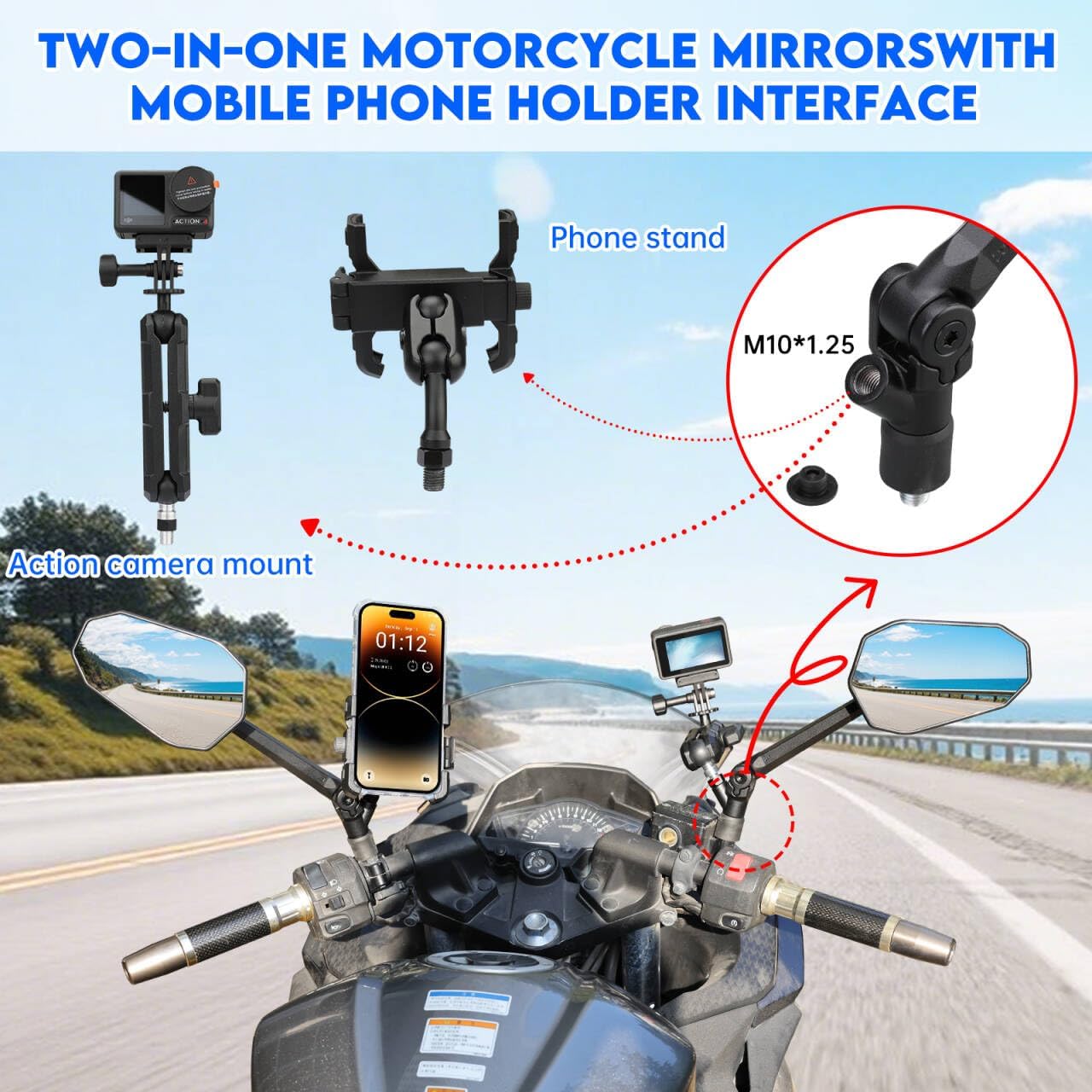 SHEJISI Motorcycle Mirrors for Handlebars, ATV Mirrors Featuring a Phone Mount Interface, Anti-impact/explosion/glare,HD,Compatible with Motorcycle (Suzuki,Yamaha,Honda,Kawasaki),Mopeds,Electric Bike