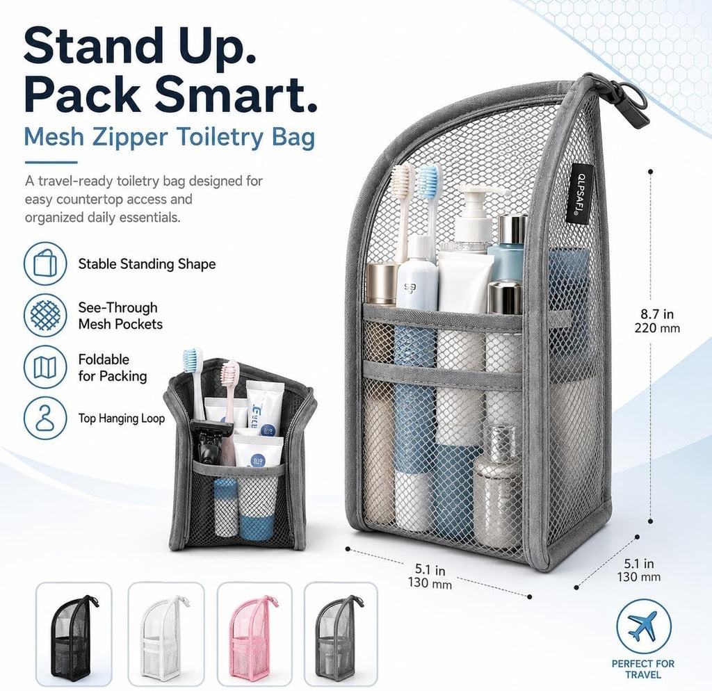 Mesh Zipper Toiletry Bag for Travel Storage Pouch Multi-pocket Travel Cosmetic Bathroom Count Hanging Organizer Portable Standing Makeup Foldable Clear Waterproof EVA Large Capacity(4pc)