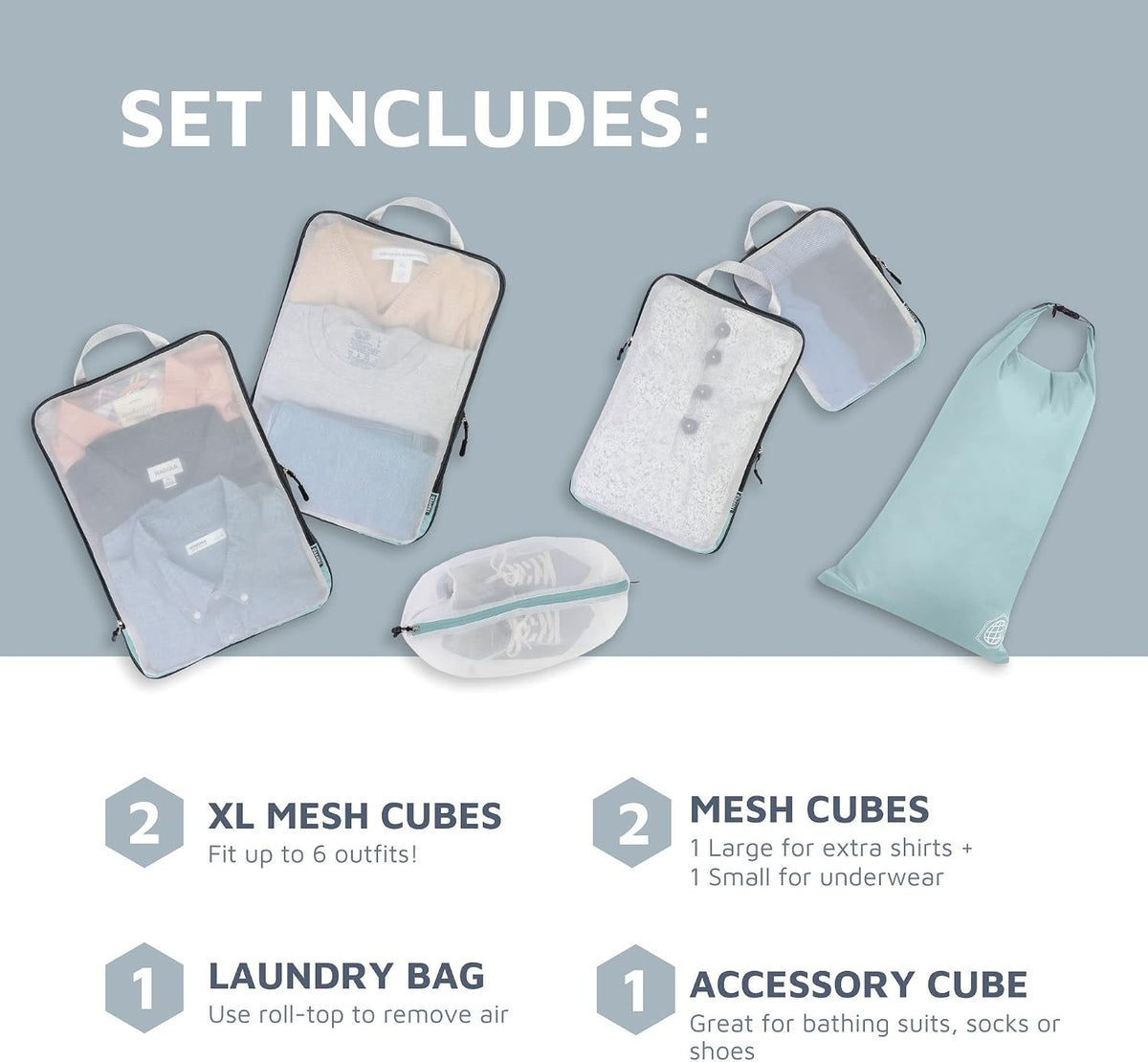 TRIPPED Travel Gear Large Compression Packing Cubes with Mesh 6-Piece Set