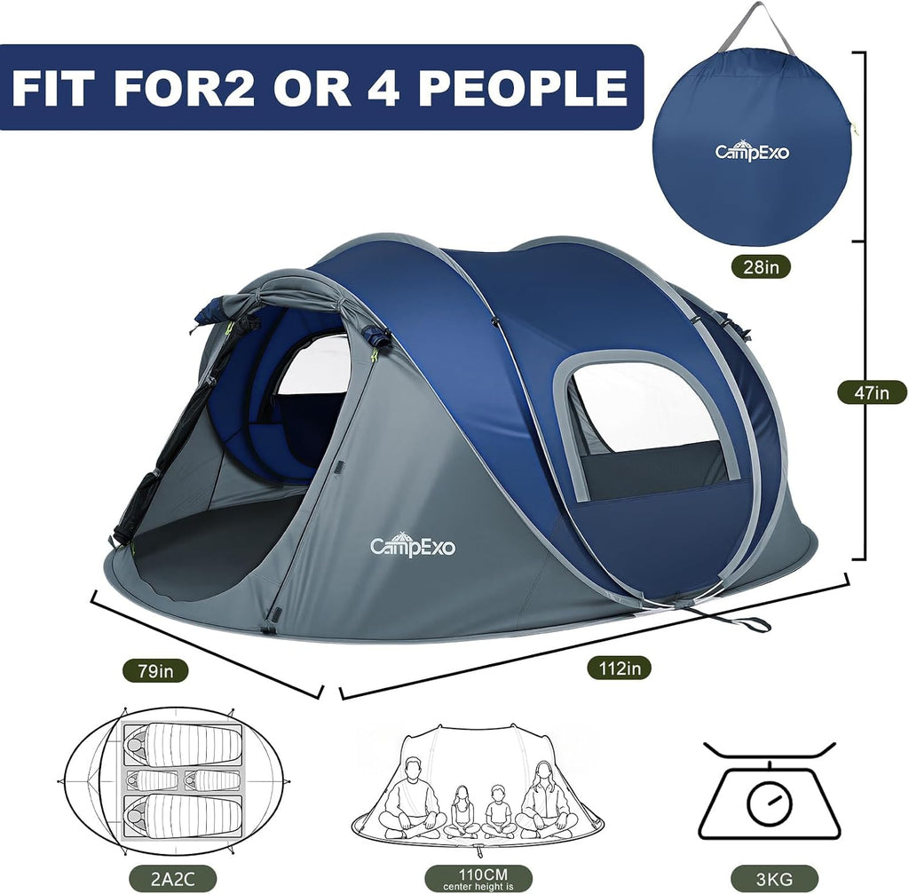 Camping Tent, Pop Up Instant Tent for 2-4 Person, Sets Up in Just Seconds, Waterproof Durable Tent with Carry Bag for Camping Hiking Outdoor