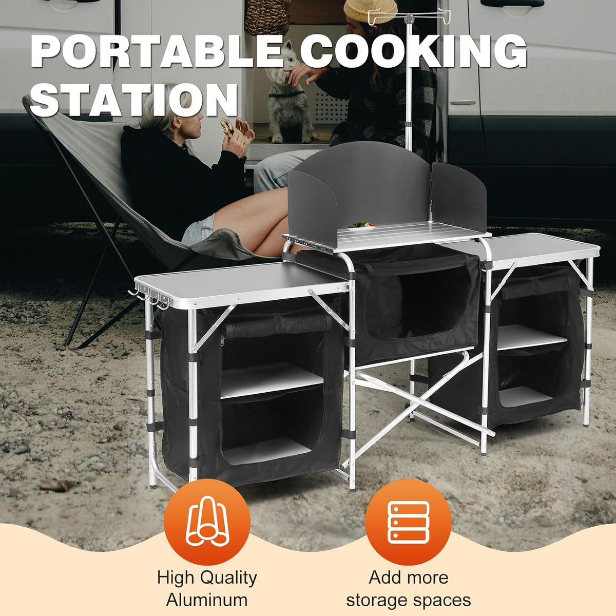 Aluminum Camping Kitchen Table with 3 Multifunctional Cupboards