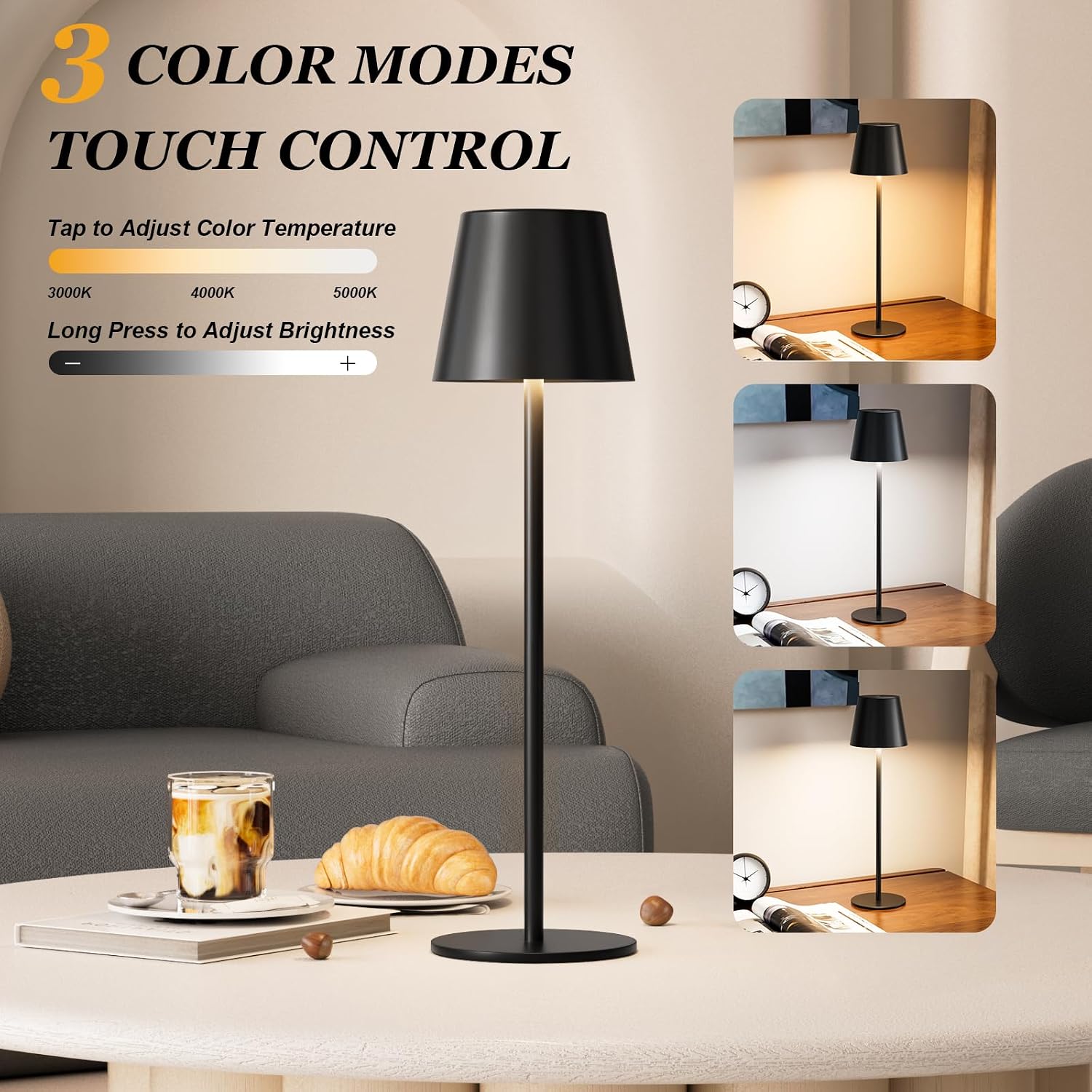 Kakanuo Rechargeable Table Lamp, Cordless Battery Operated Lamps, Black