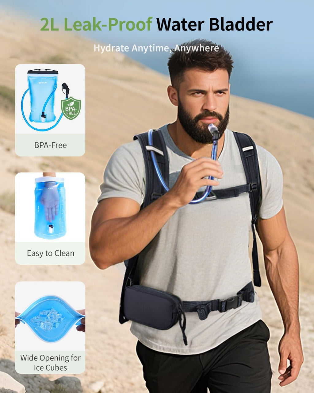 ECOHUB 20L Lightweight Hydration Backpack with 2L Water Bladder&Waist Pack