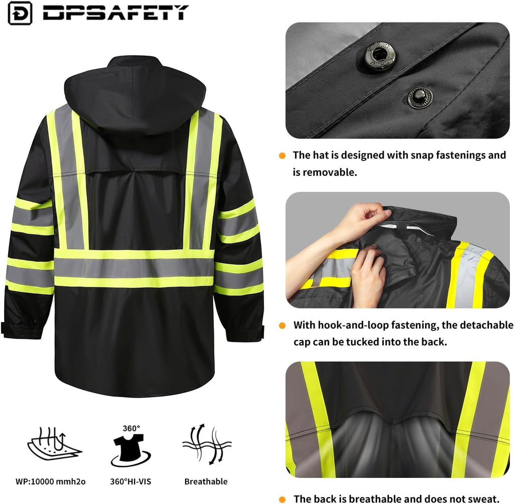 Reflective Rain jackets for men waterproof,Hi Vis Safety Coat With Reflective Strips，High Visibility Class 3 Rain jackets With 2 large pockets，Zipper,Black ，4XL/5XL