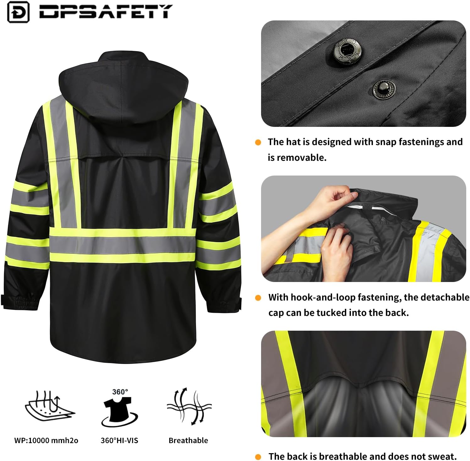 Reflective Rain jackets for men waterproof,Hi Vis Safety Coat With Reflective Strips，High Visibility Class 3 Rain jackets With 2 large pockets，Zipper,Black，2XL/3XL