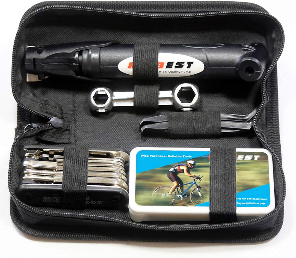 Bike Repair Bag with Tire Pump and Portable Bicycle Kit for Camping Travel