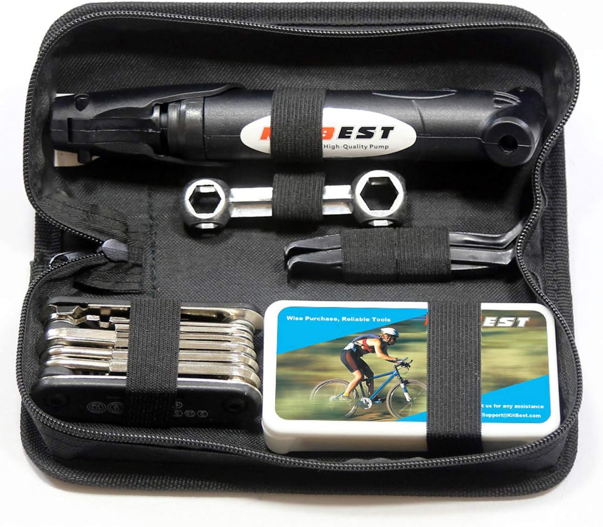 Bike Repair Bag with Tire Pump and Portable Bicycle Kit for Camping Travel