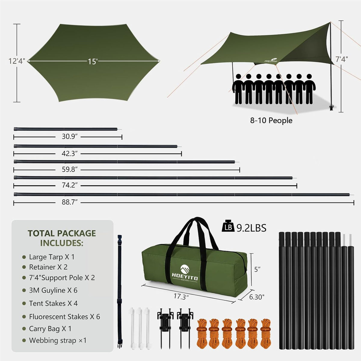 Camping Tarp with Poles & Retainer, 15x12.5FT Large Waterproof 210D Oxford Cloth Camping Canopy, Anti-UV UPF100+ Camping Awning Tent Tarp Car Awning for Outdoor, Picnic, Car, Hammock (Army Green)
