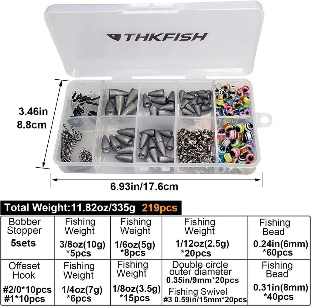 THKFISH Fishing Weights Sinkers Fishing Beads Bullet Sinkers Carolina Rig Texas Rig Kit Fishing Accessories Kit 64pcs/219pcs