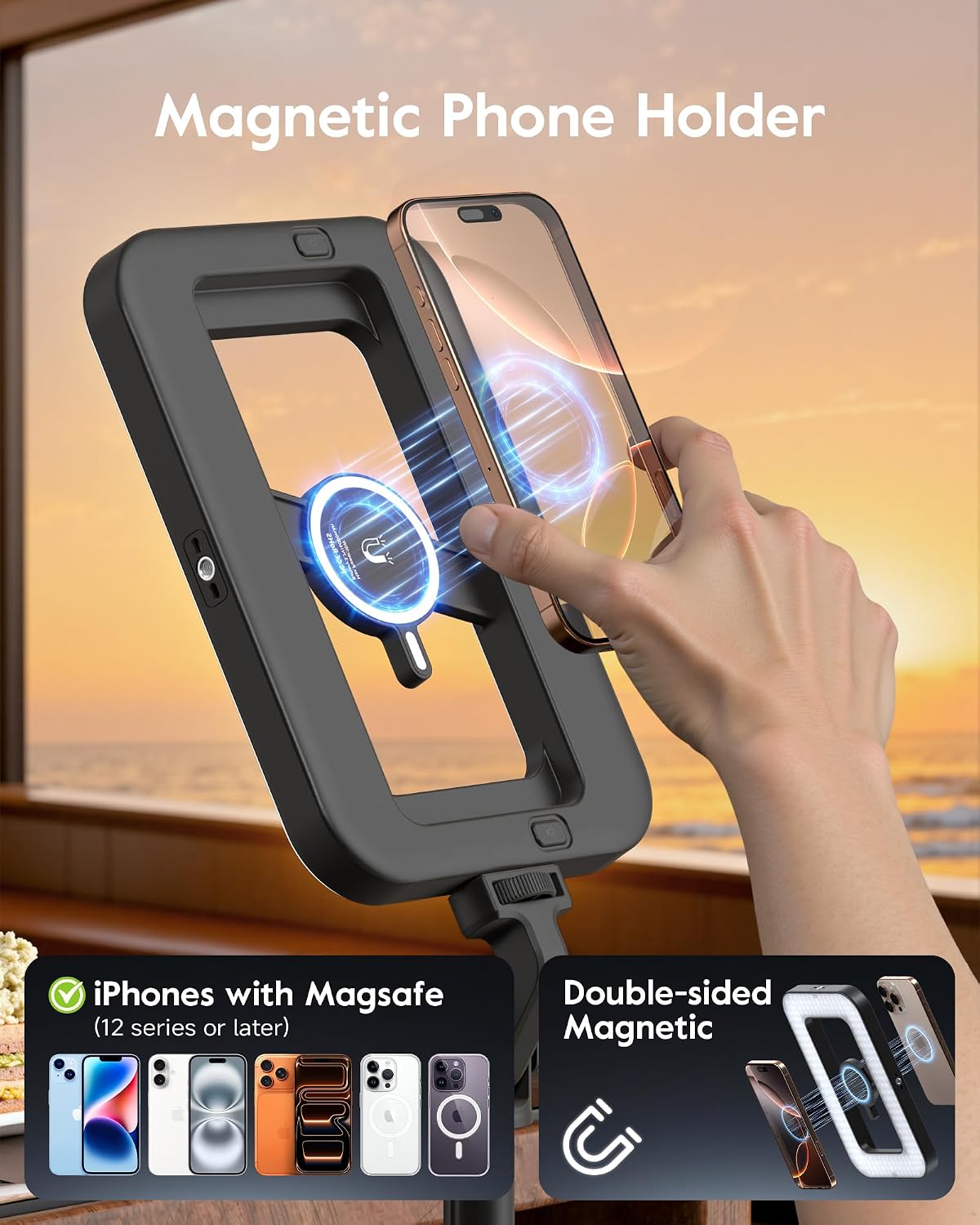 Tripod for iPhone with Light, Portable 15W Ring Light with Stand and Phone Holder for Video Recording, 6000mAh Magnetic Phone Tripod with Light 2500K-9000K for Food Hunt,Mukbang Video,Vlogging,CRI＞95